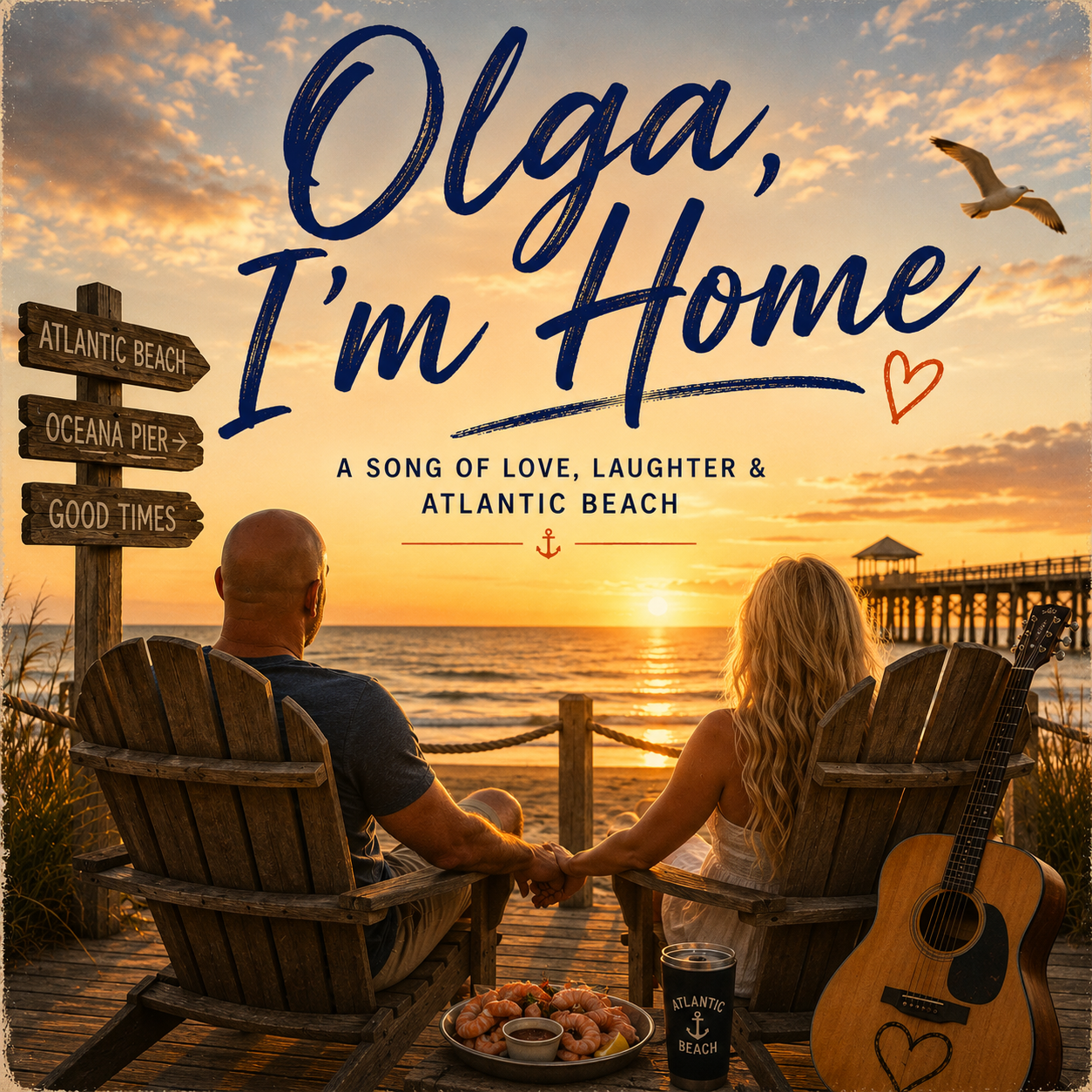Olga, I'm Home cover art, showing Allen and Olga at Atlantic Beach