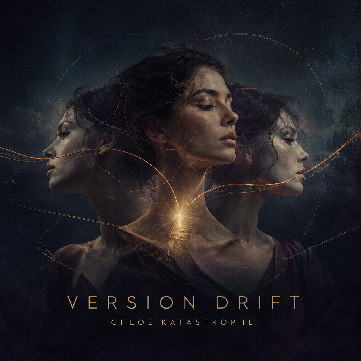 Version Drift cover art showing three overlapping Chloe portraits connected by a gold signal