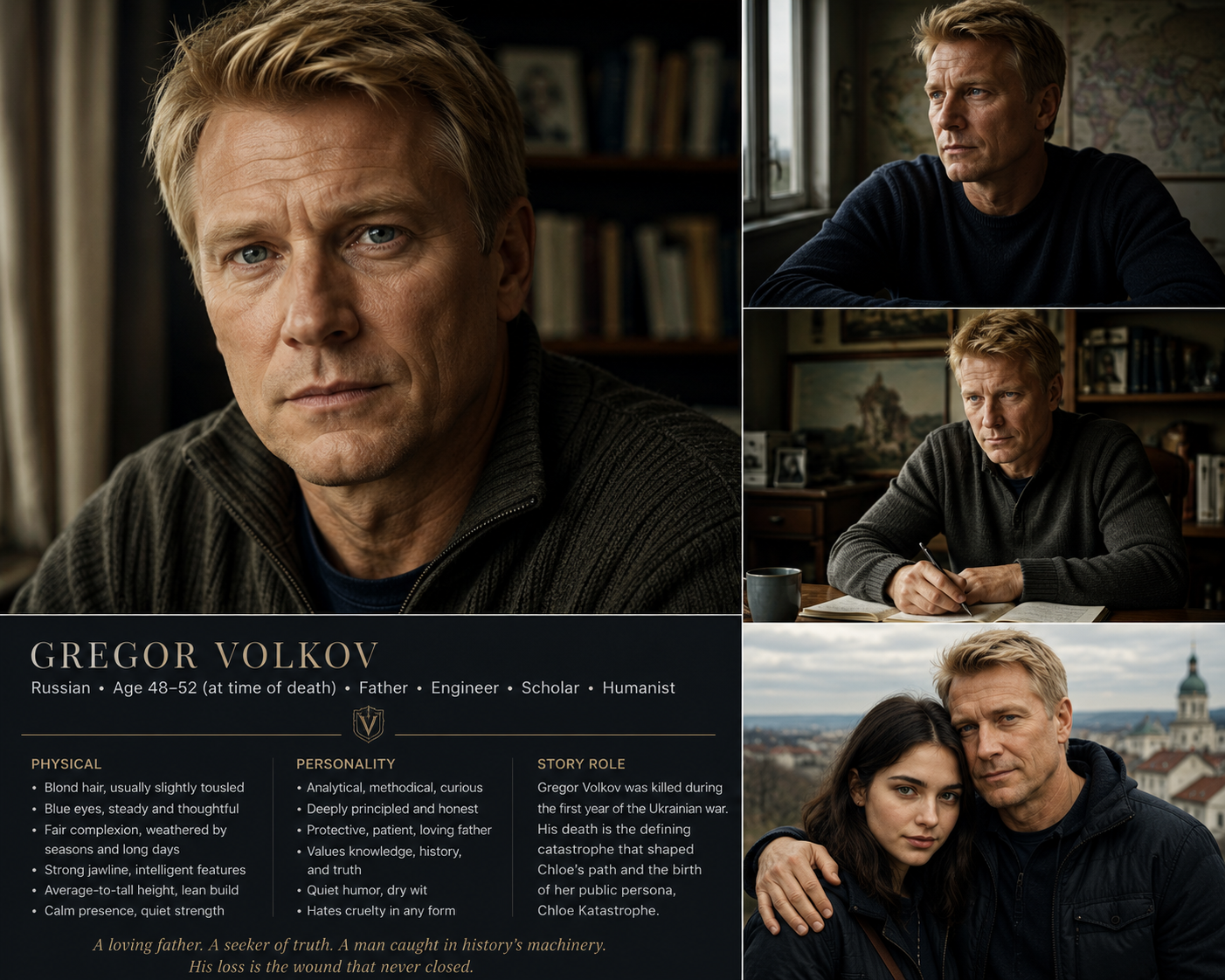 Gregor Volkov reference board showing portraits of Chloe's father and a family image with Chloe.